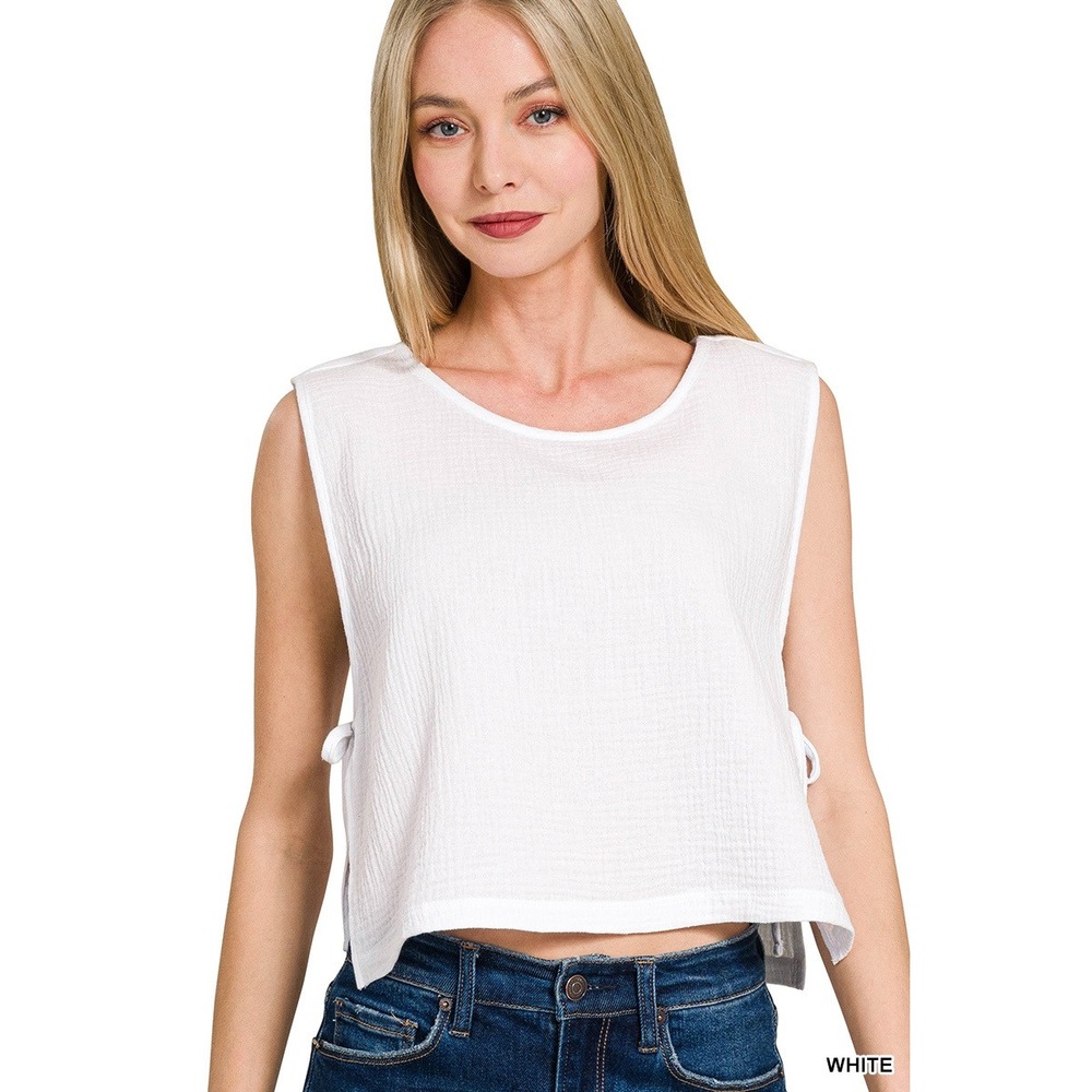 Zenana Double Gauze Side Tie Top Womens Small White NWOT Sleeveless Boho Crop